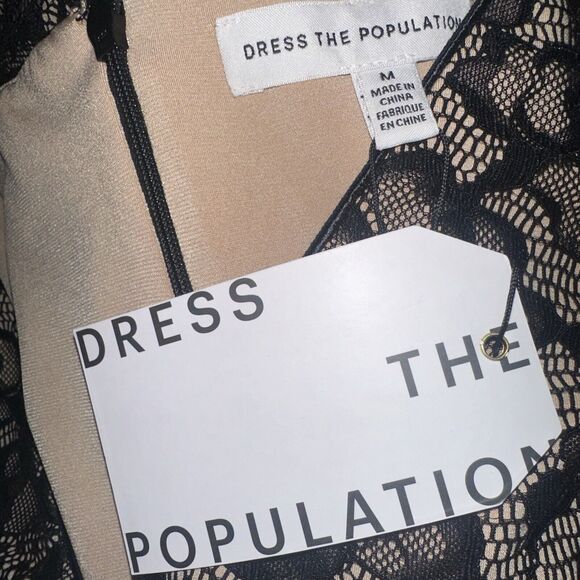 NWT DRESS THE POPULATION Black Lace Cocktail MIDI V-Neck Sheath Dress Sz M EUC - Picture 4 of 5